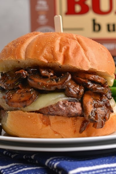 close up of mushroom swiss burger