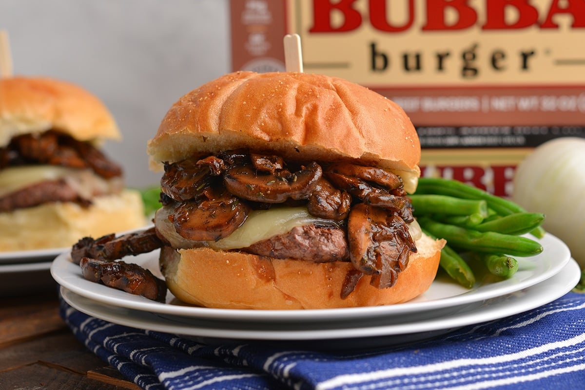 close up of mushroom swiss burger