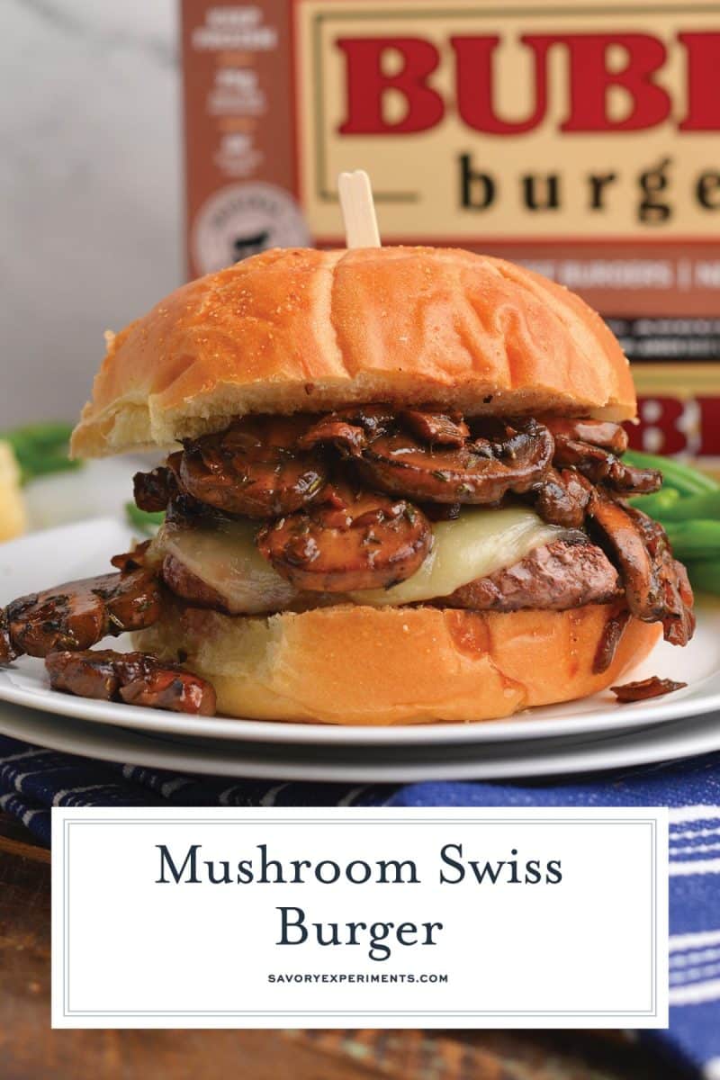 mushroom swiss burger with text overlay 