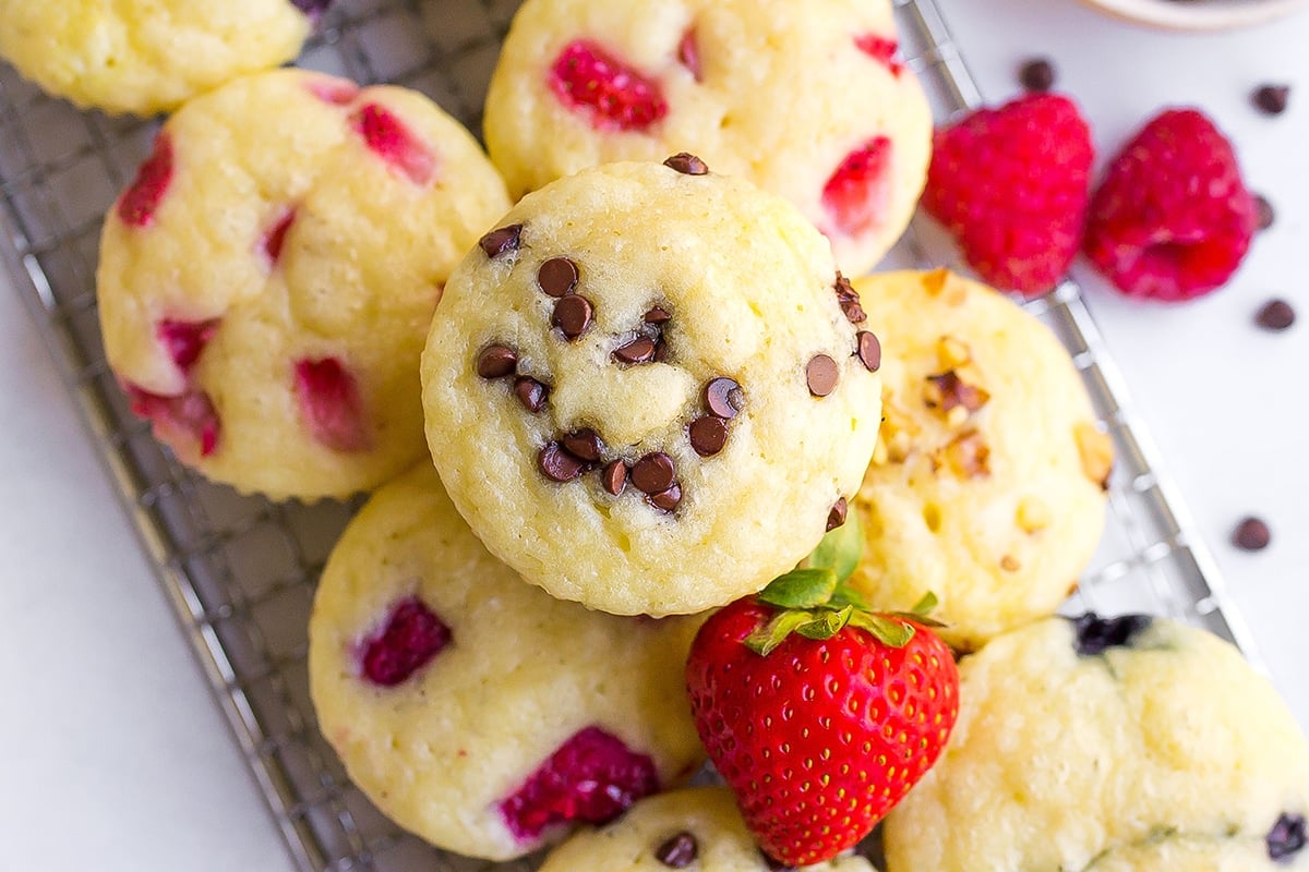 overhead shot of stack of pancake muffins on a tray