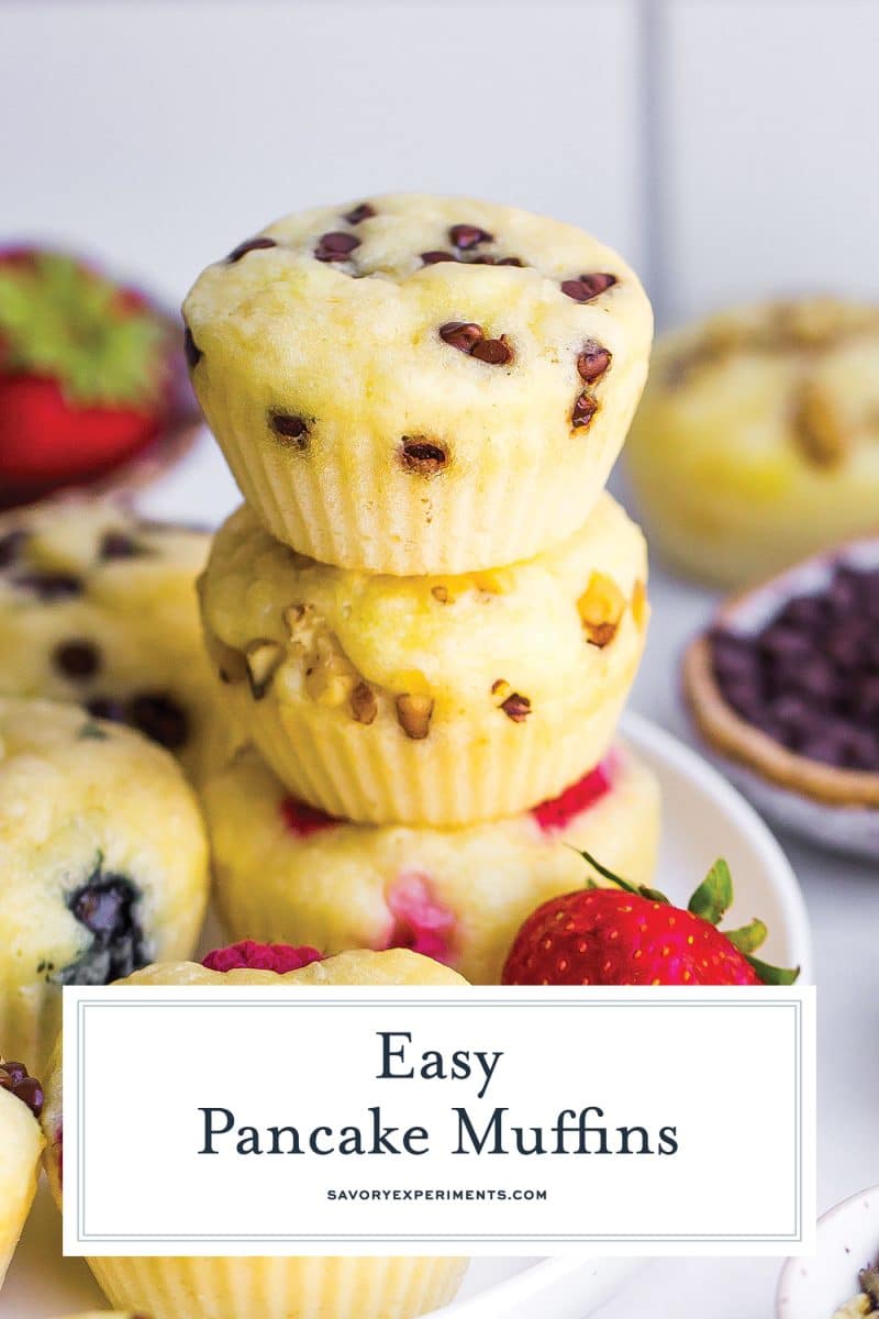 stack of pancake muffins with text overlay for pinterest