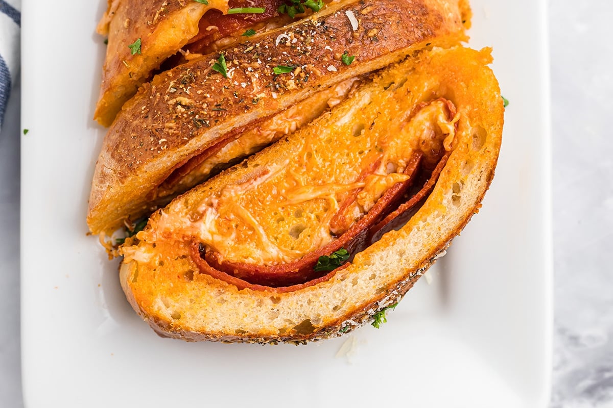 overhead shot of slice of stromboli