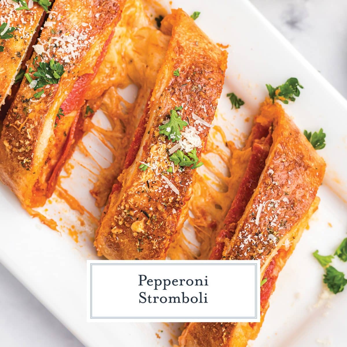 overhead shot of sliced stromboli with text overlay for facebook