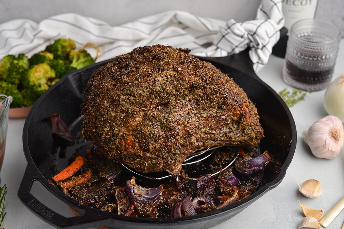 prime rib roast crusted with herbs and garlic