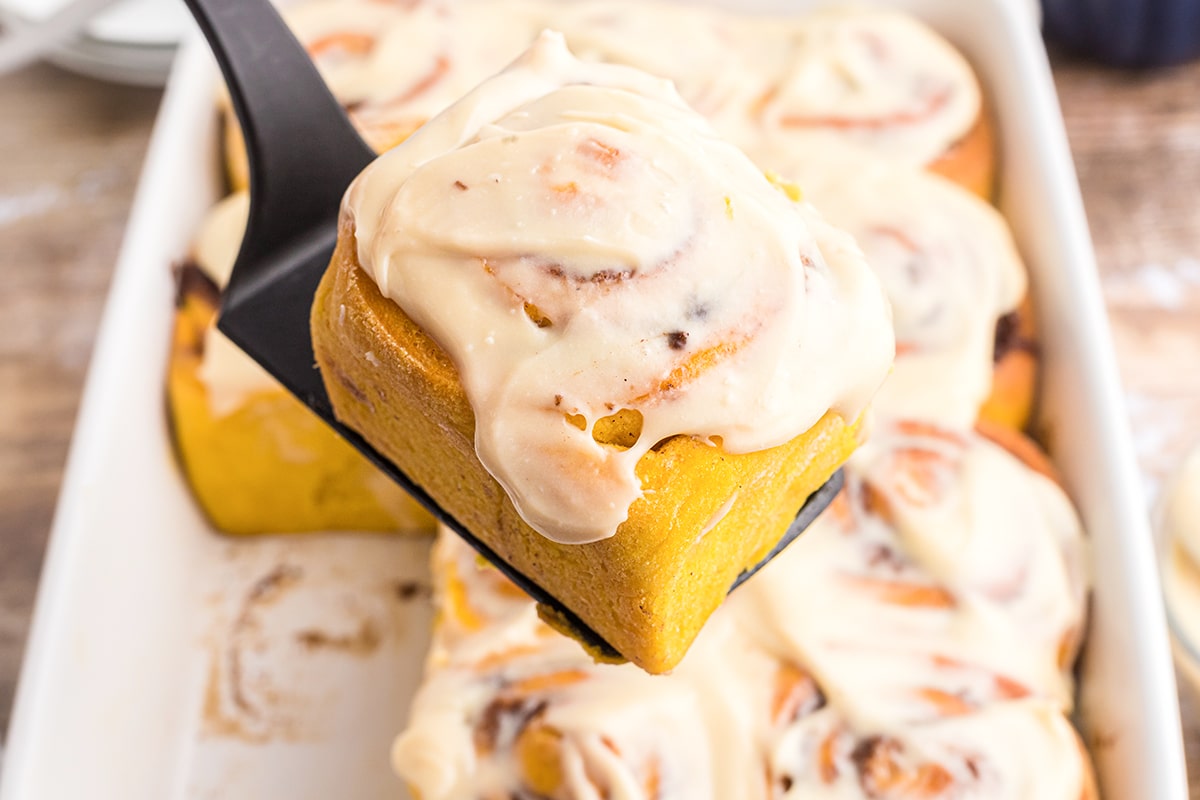 cream cheese frosted cinnamon roll on a spatula