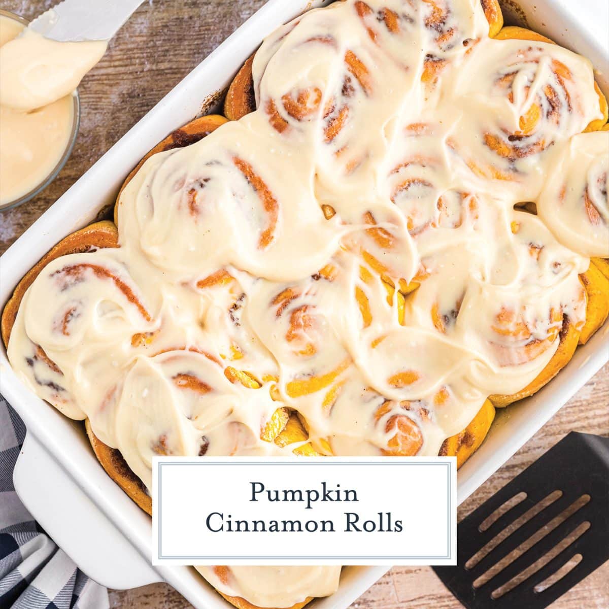 frosted pumpkin cinnamon rolls with text overlay