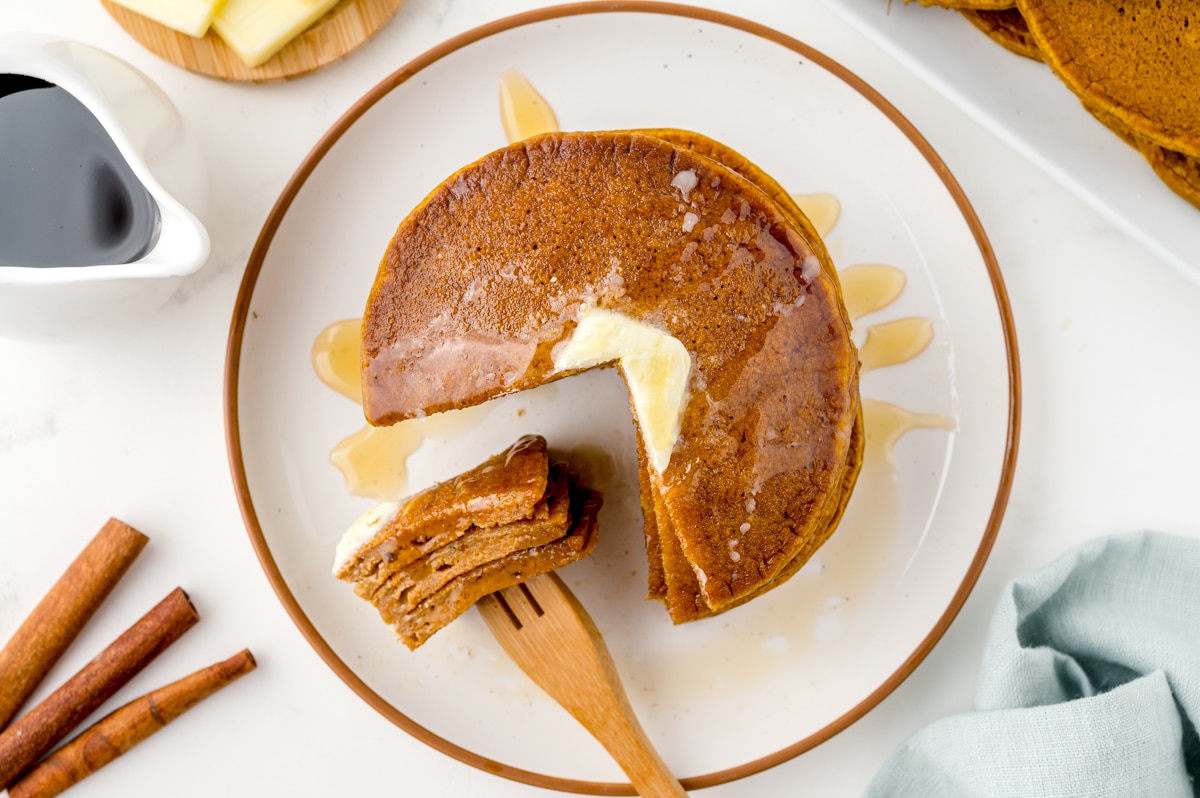 overhead of pancakes being eaten