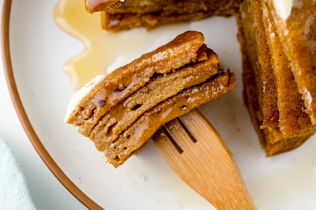 close up of pancakes on a fork