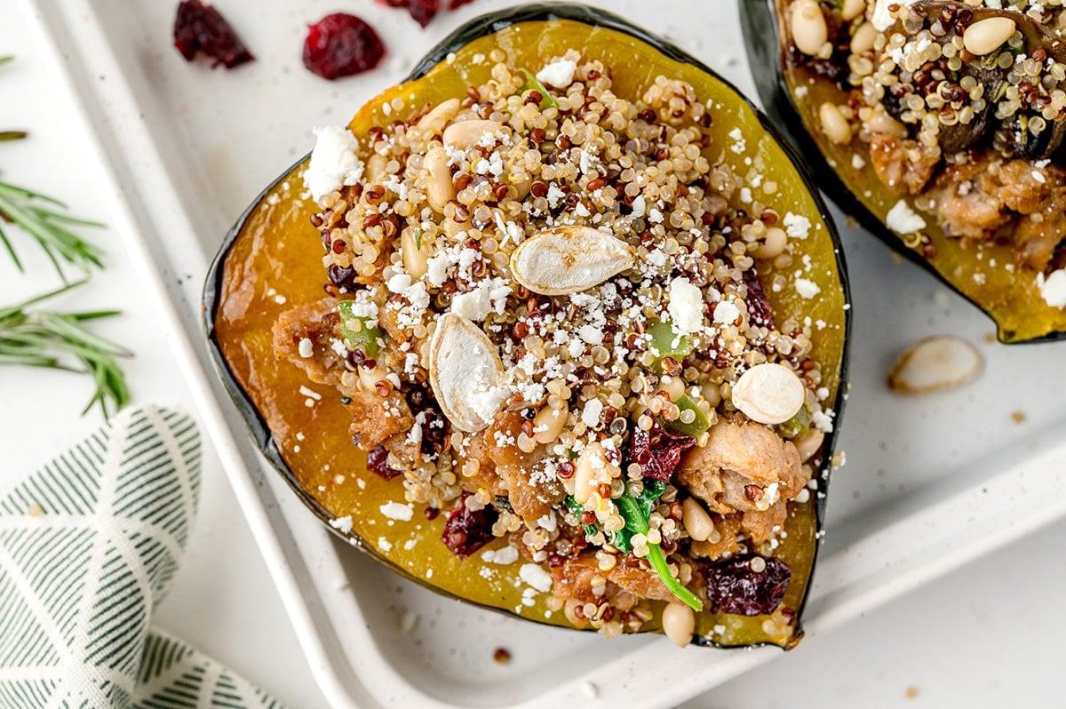 close up of stuffed acorn squash