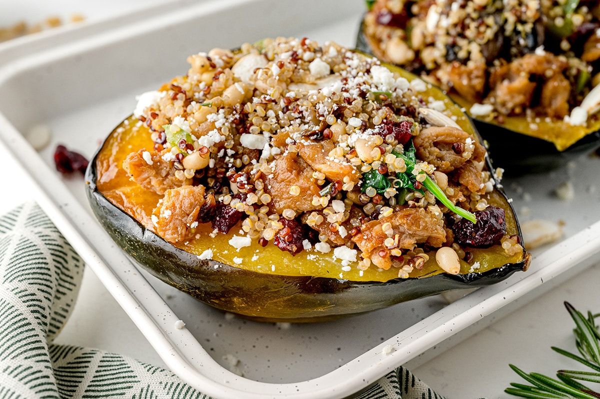 angled shot of stuffed acorn squash
