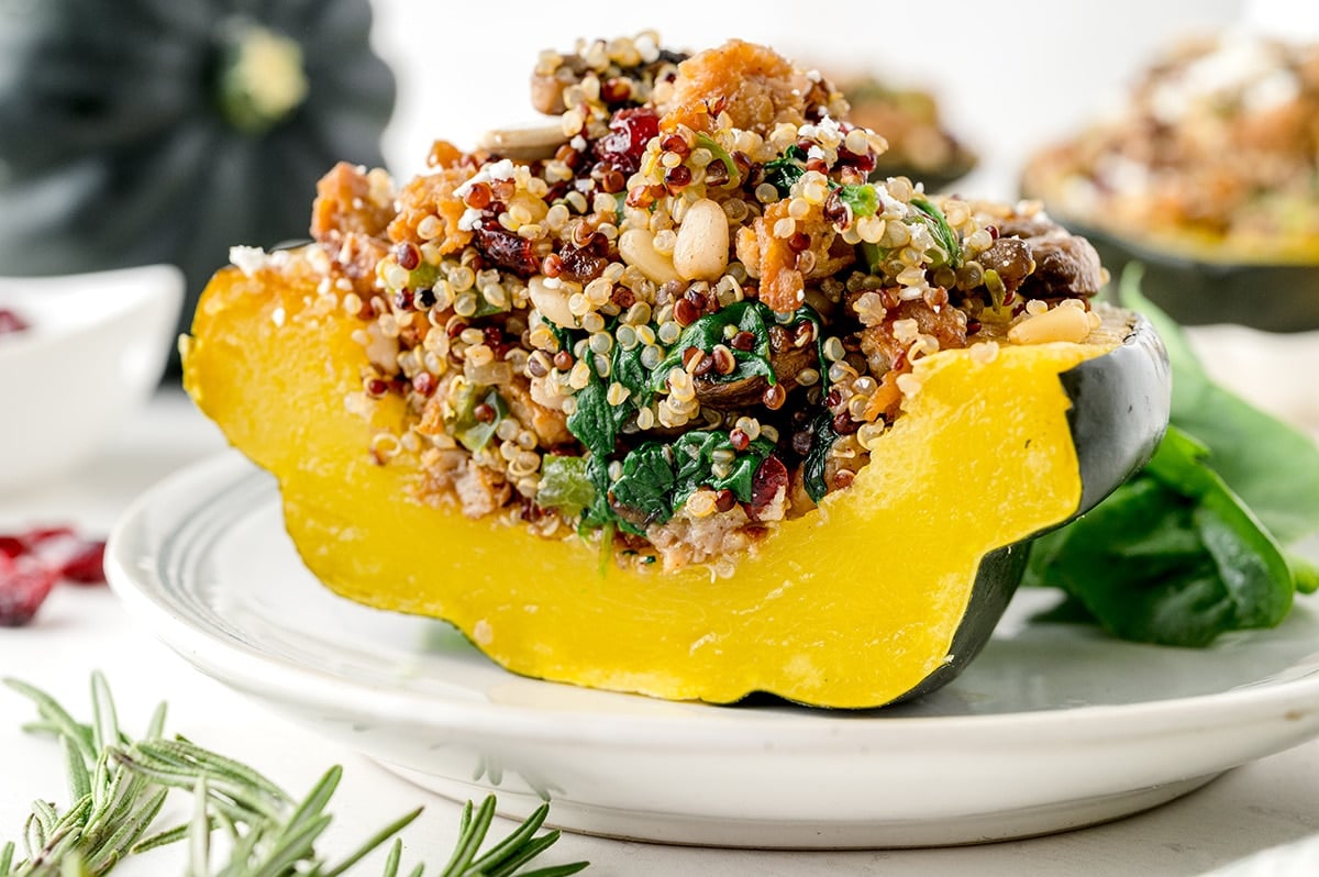 stuffed acorn squash cut in half