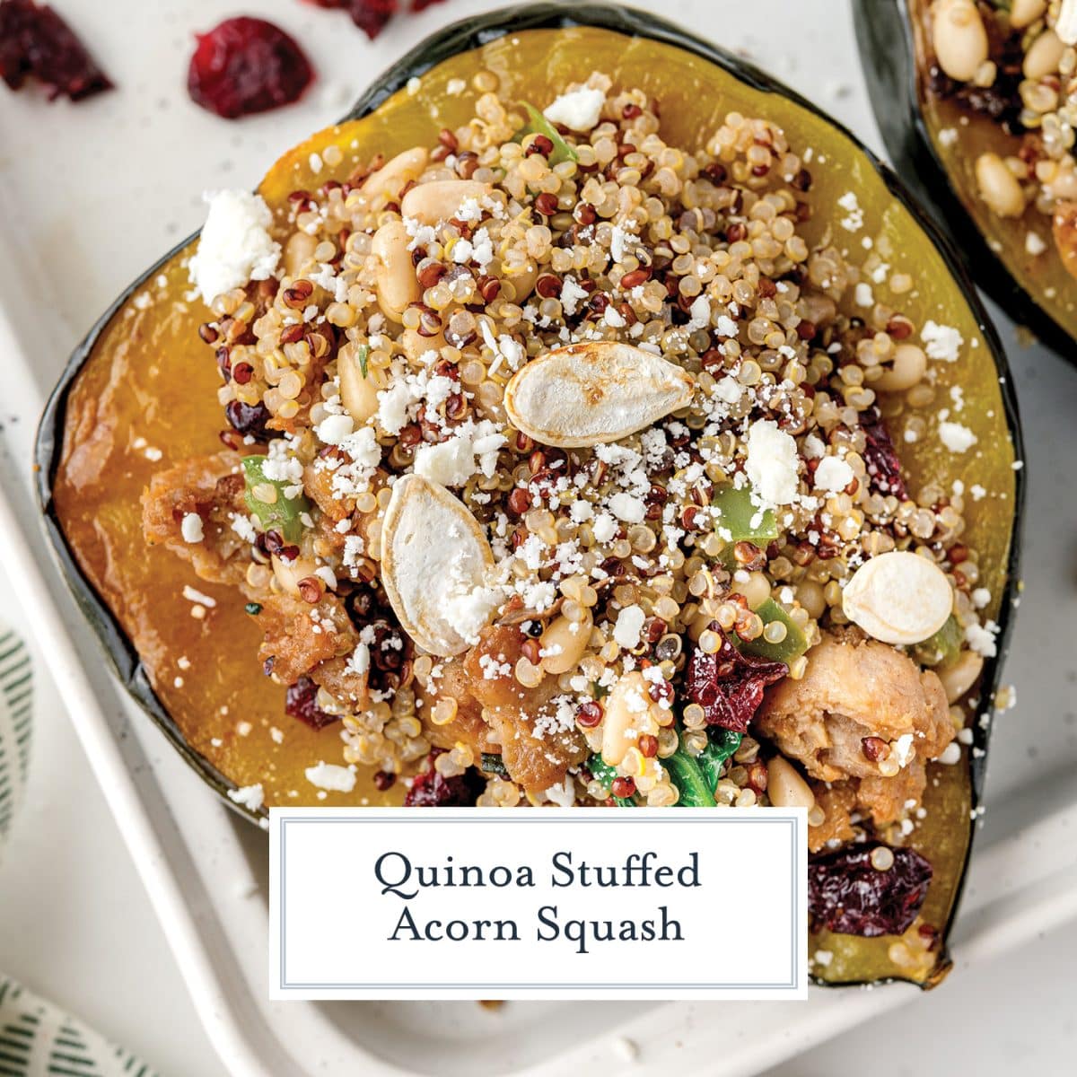 overhead shot of stuffed acorn squash with text overlay for facebook
