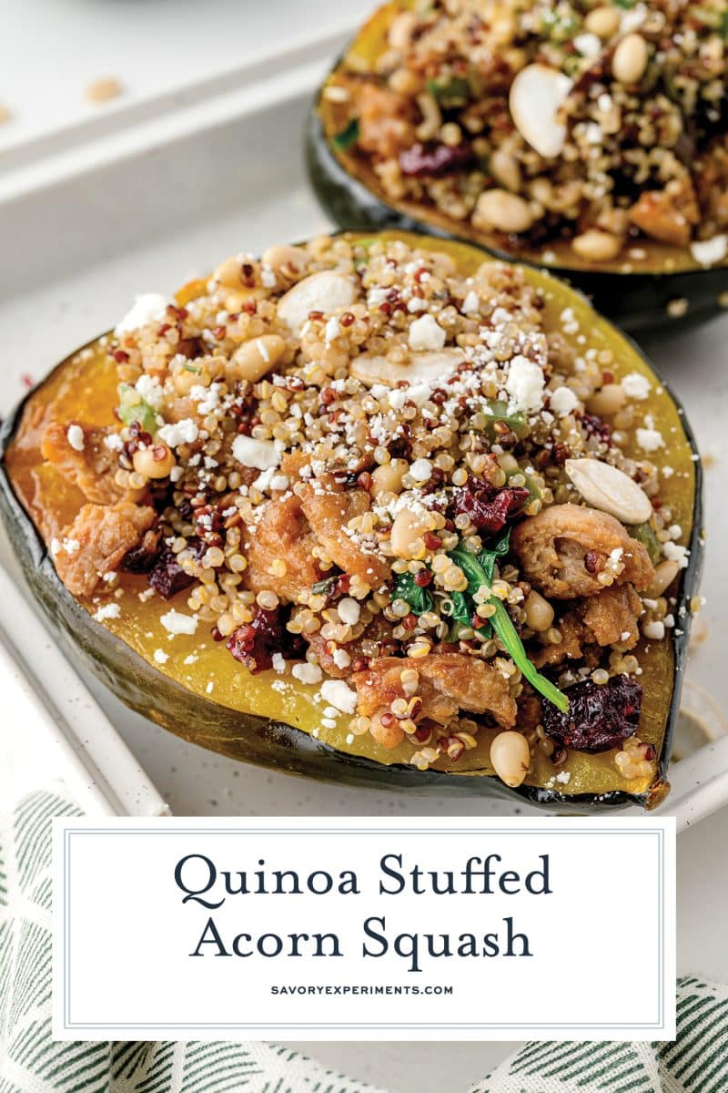 angled shot of stuffed acorn squash with text overlay for pinterest