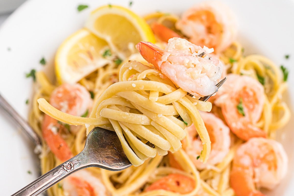 shrimp scampi on a fork