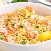 angled shot of shrimp scampi in a bowl