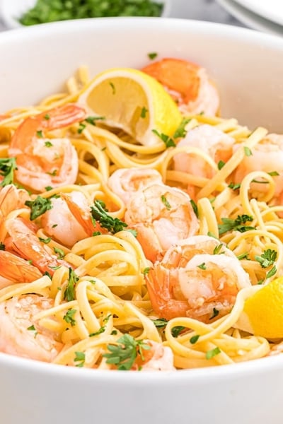 angled shot of shrimp scampi in a bowl