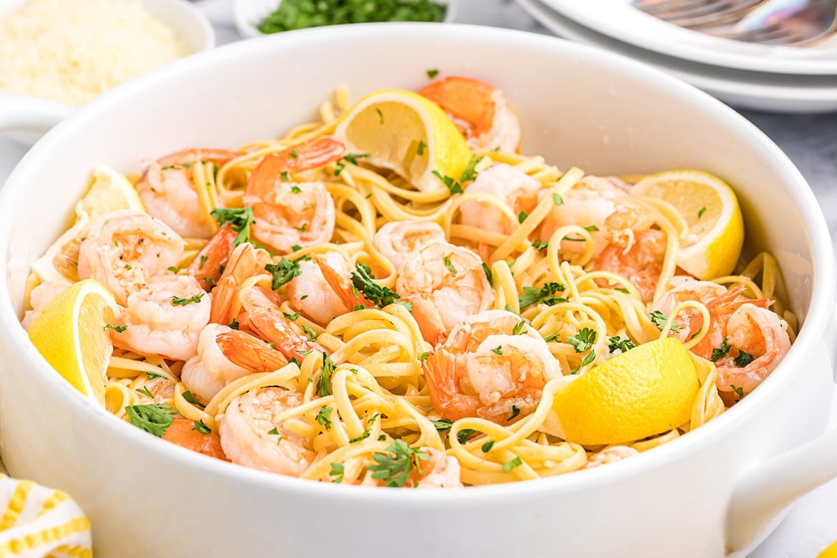 angled shot of shrimp scampi in a bowl