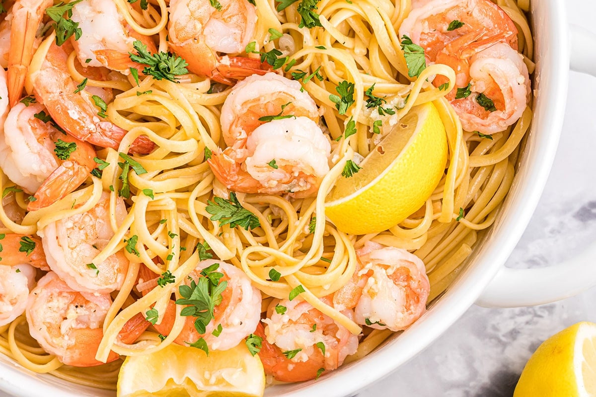 overhead shot of shrimp scampi in a bowl