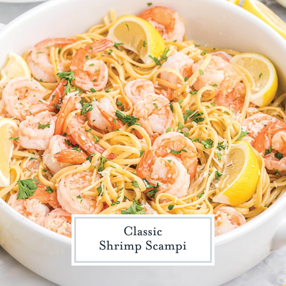 bowl of shrimp scampi with text overlay for facebook