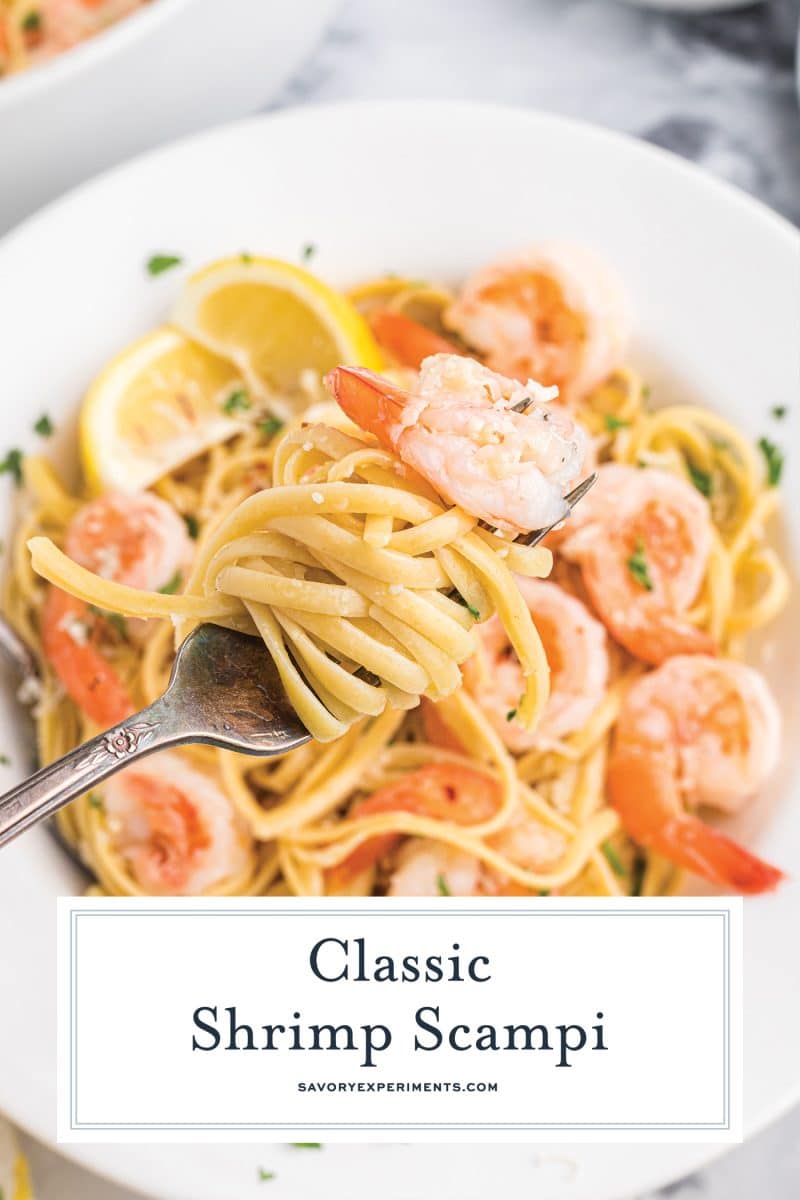 shrimp scampi on a spoon with text overlay for pinterest