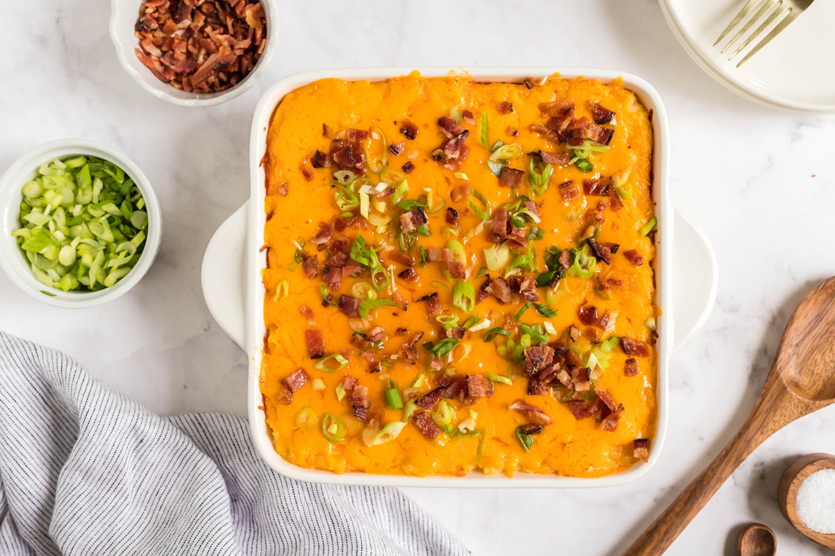 overhead shot of twice baked potato casserole