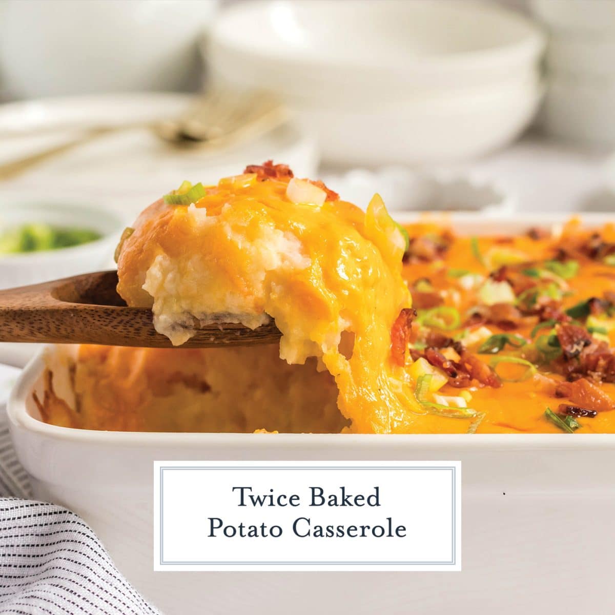 spoon full of twice baked potato casserole with text overlay for facebook