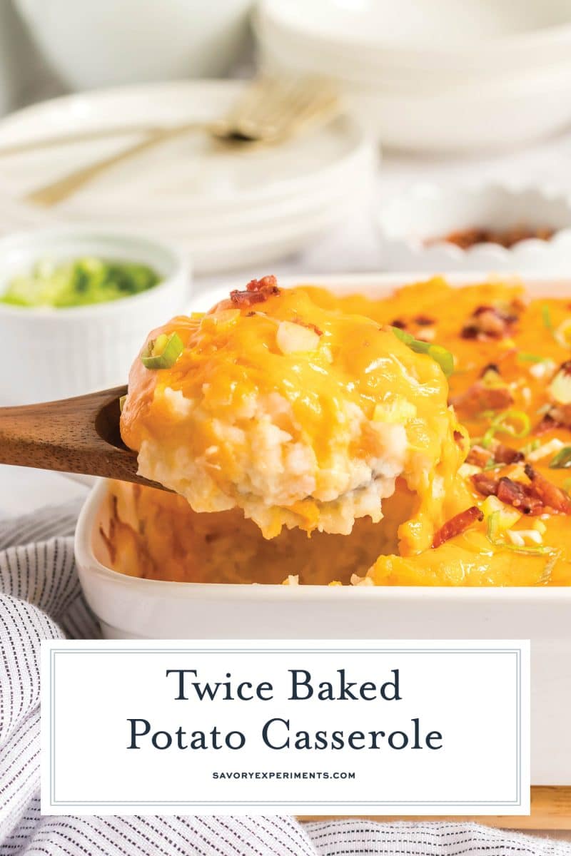 spoon of twice baked potato casserole with text overlay for pinterest
