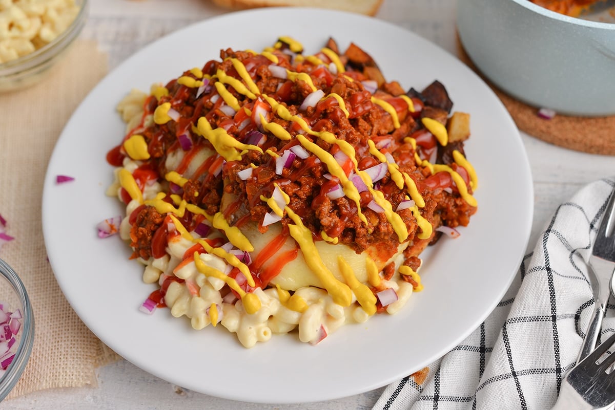 fully dress garbage plate with cheeseburgers