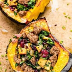 stuffed acorn squash cut in half