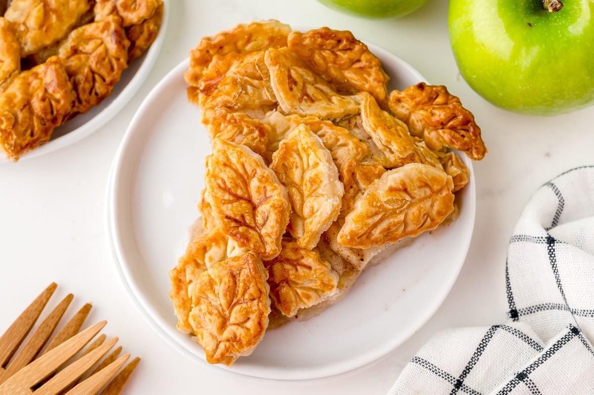 overhead shot of slice of apple pie