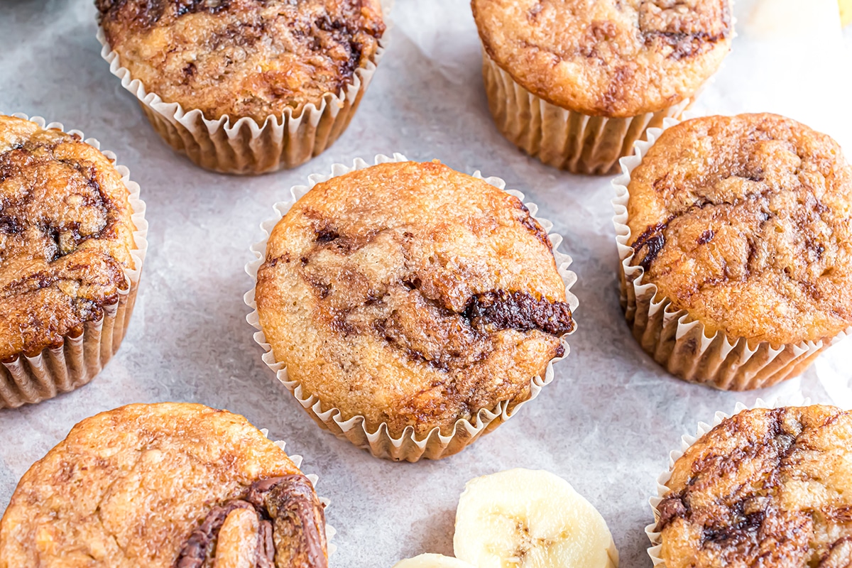 overhead shot of banana nutella muffins