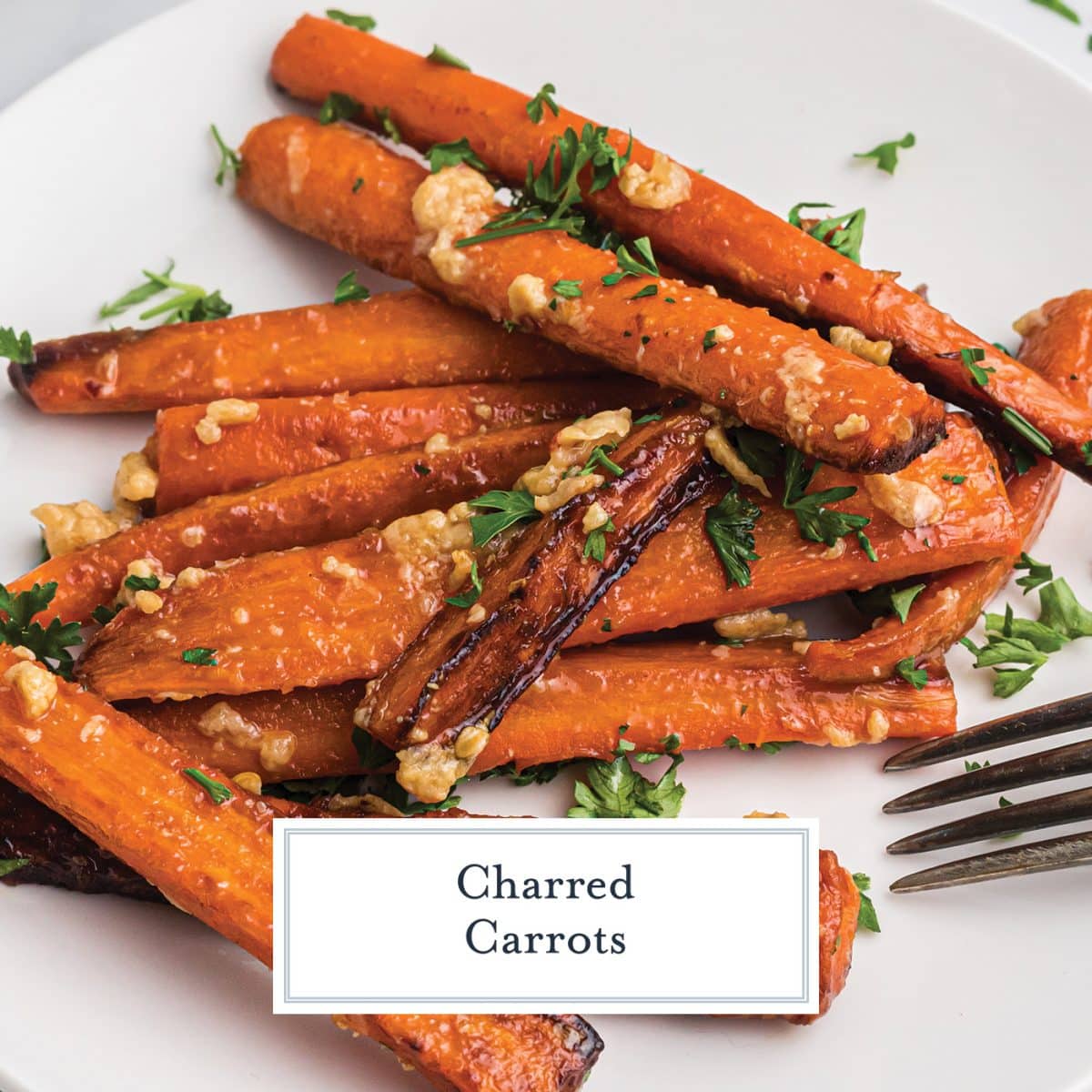 charred carrots with brie sauce with a text overlay