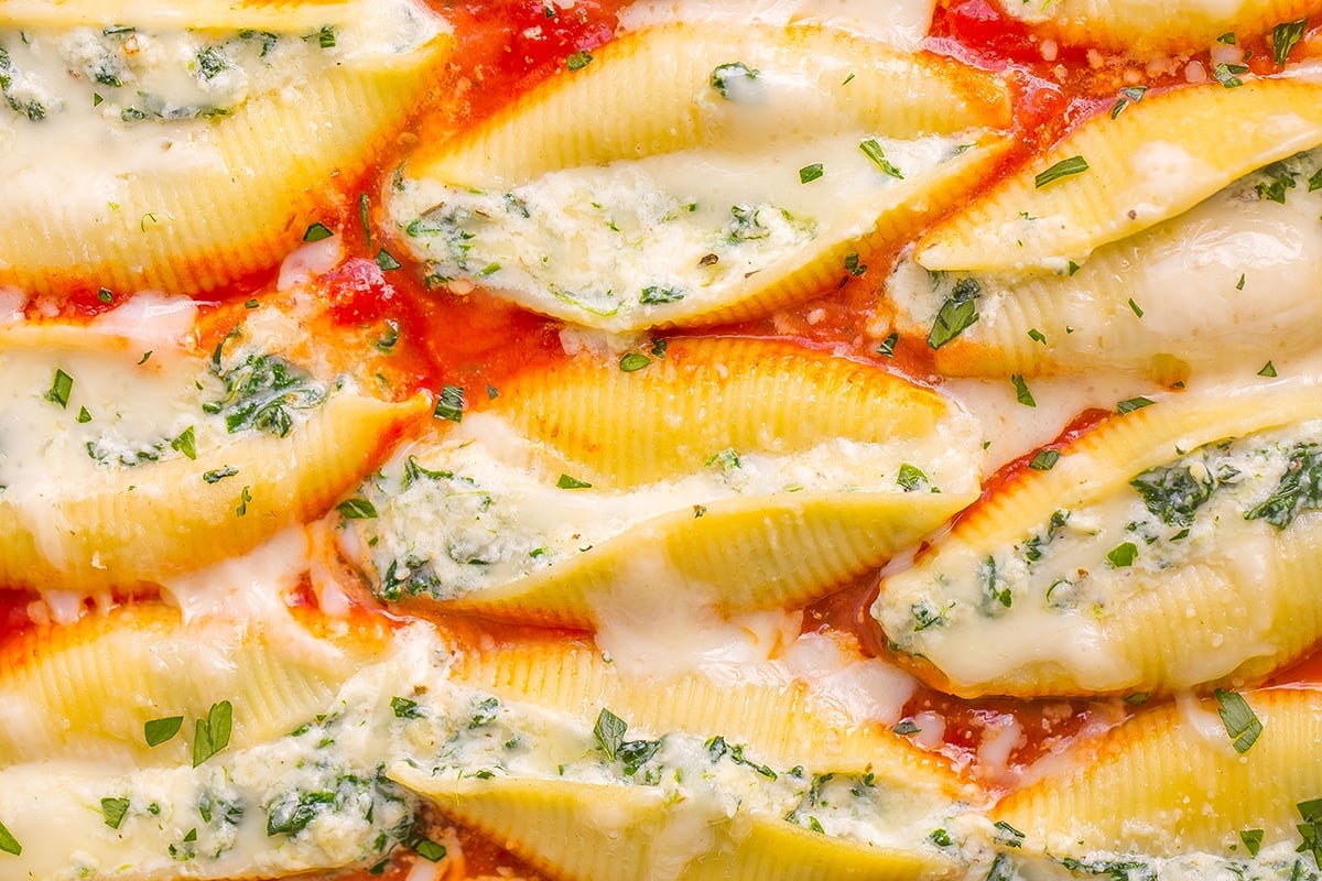 overhead close up of ricotta stuffed shells