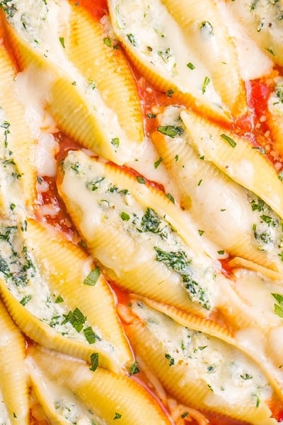 overhead stuffed shells in a casserole dish