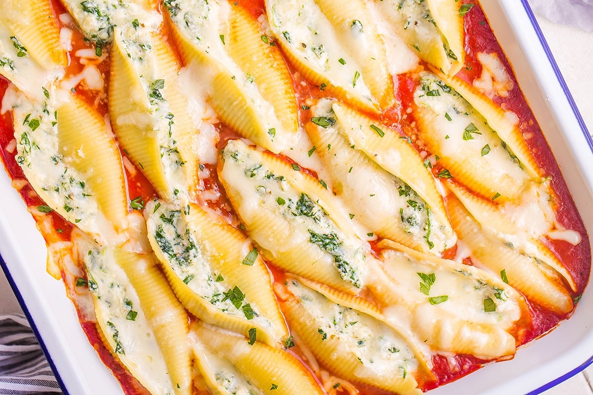 overhead stuffed shells in a casserole dish