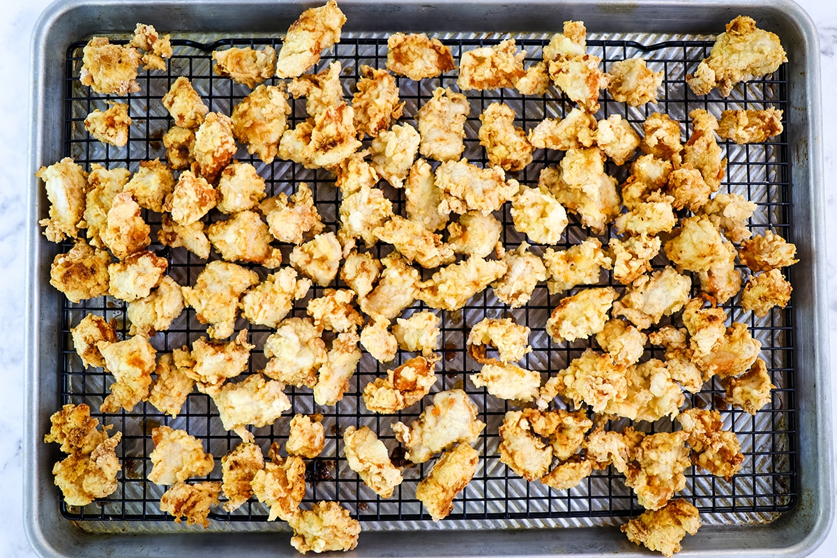 fried chicken on a cooling rack