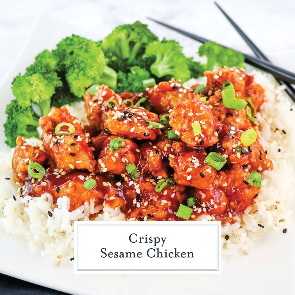 sesame chicken on a plate with rice with text overlay for facebook
