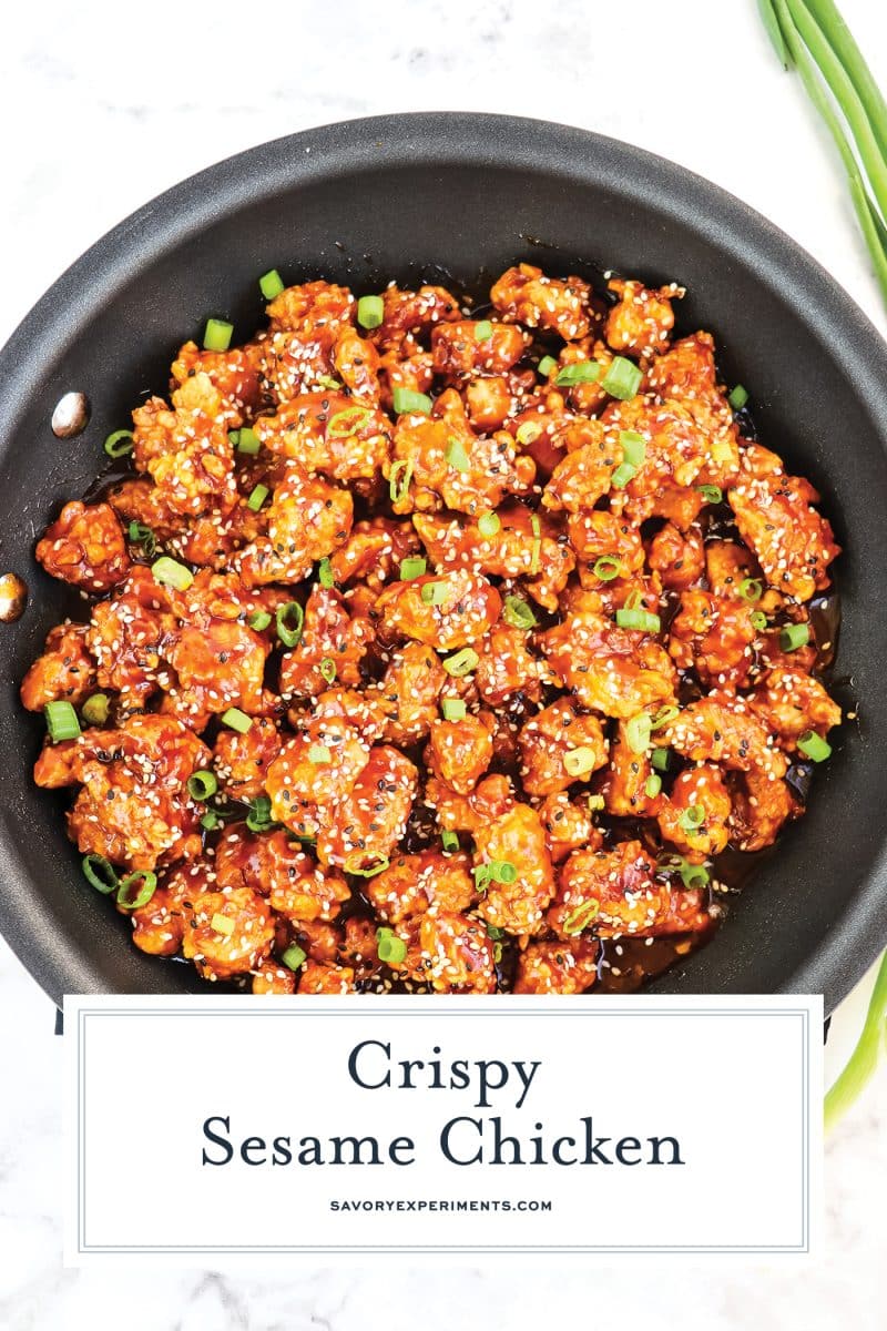 overhead shot of sesame chicken in a pan with text overlay for pinterest