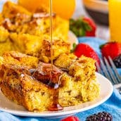 syrup poured onto french toast casserole