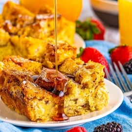 syrup poured onto french toast casserole