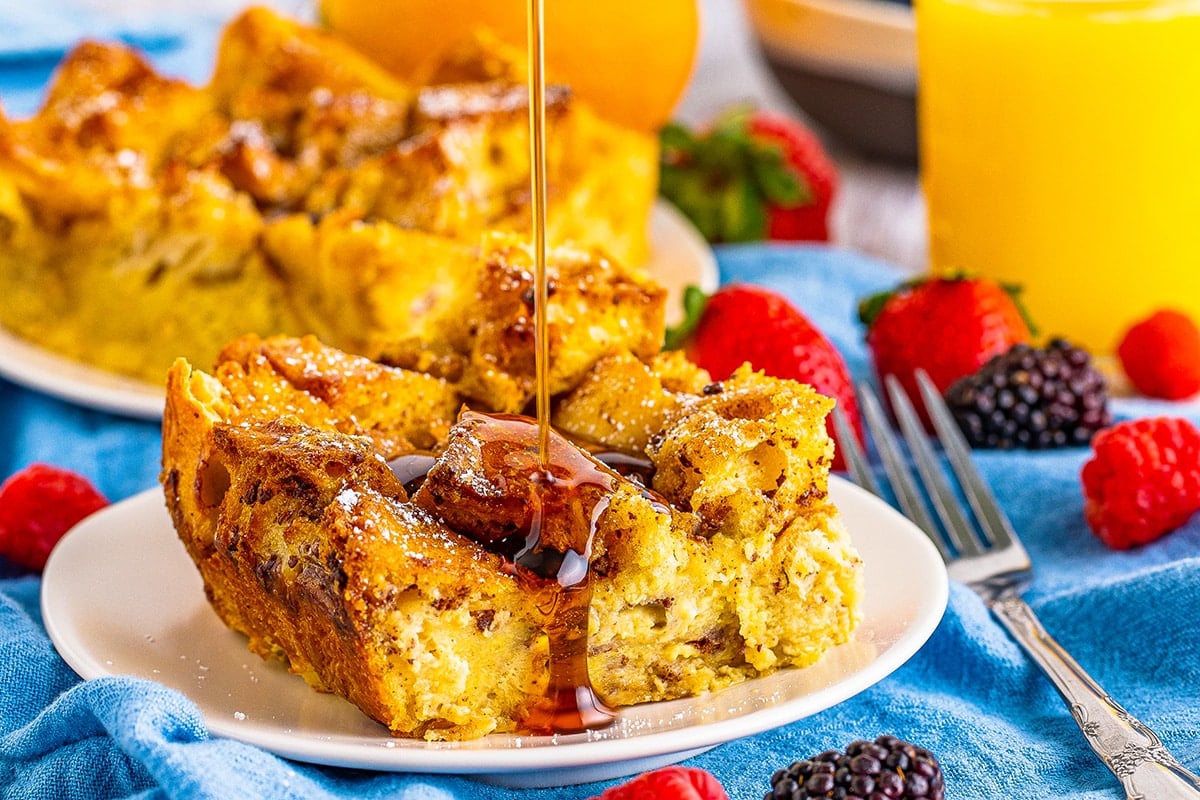 syrup poured onto overnight french toast casserole