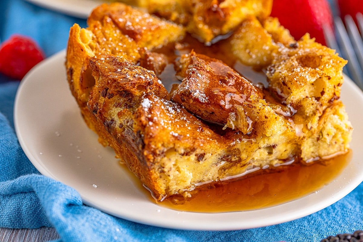 close up of slice of overnight french toast casserole