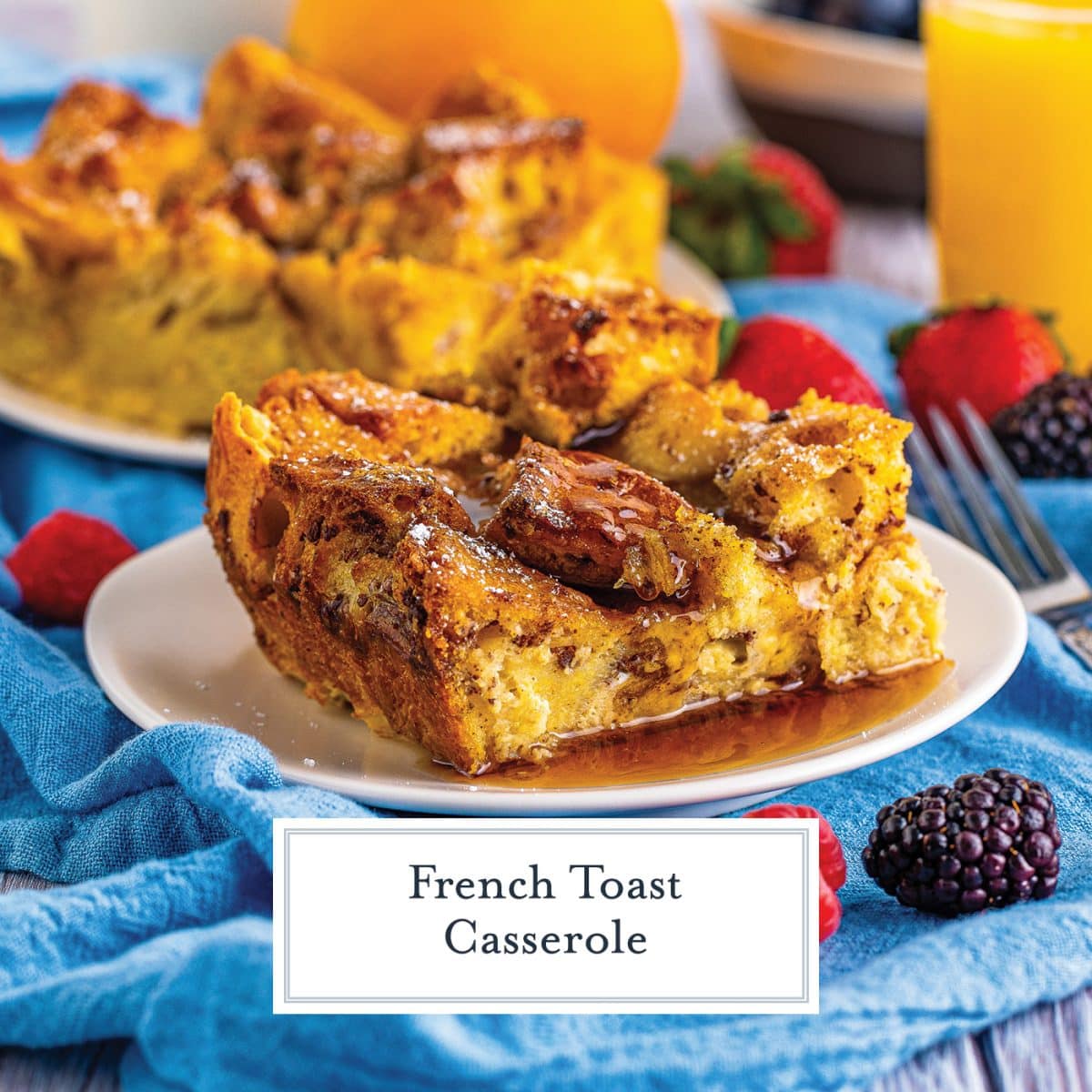slice of french toast casserole on a plate with text overlay for facebook