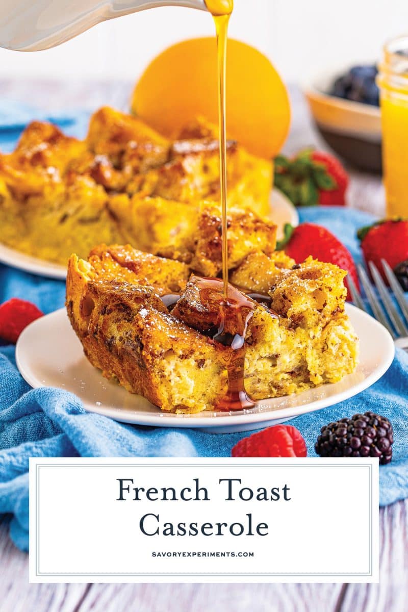 syrup poured onto overnight french toast casserole with text overlay for pinterest