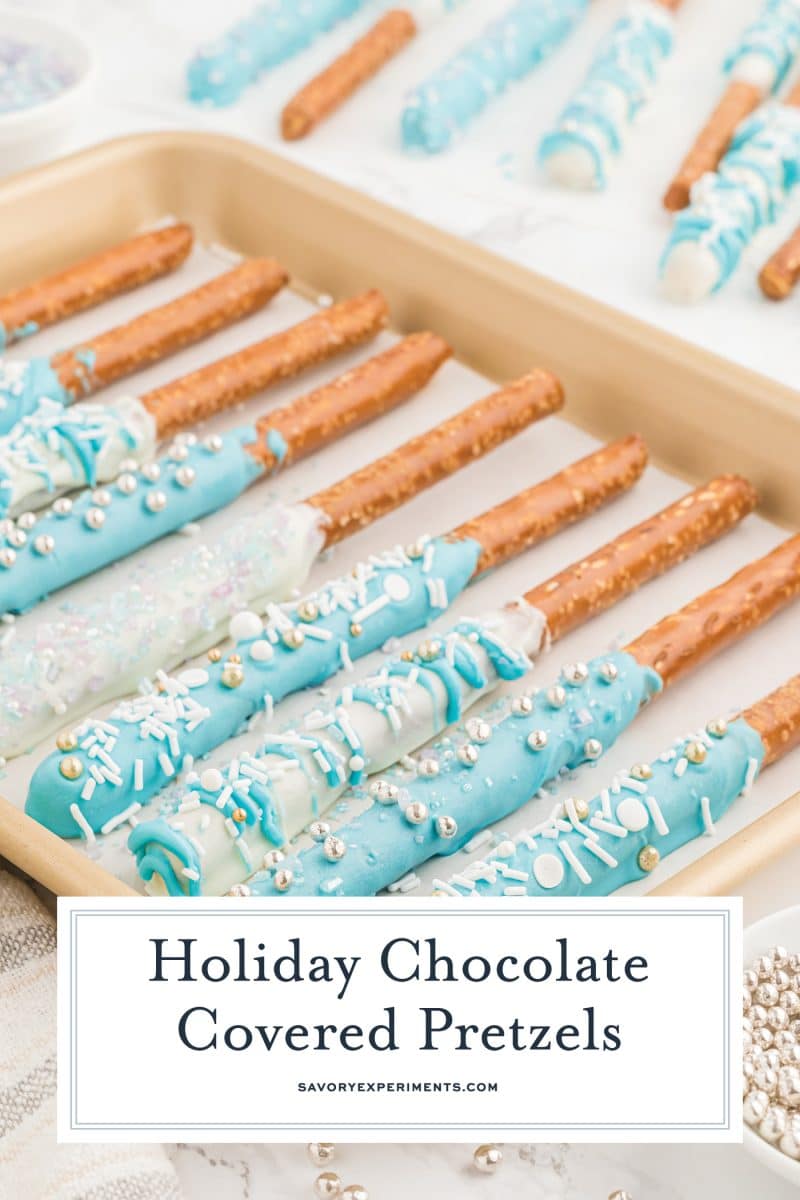 chocolate covered pretzel rods on a tray with text overlay for pinterest