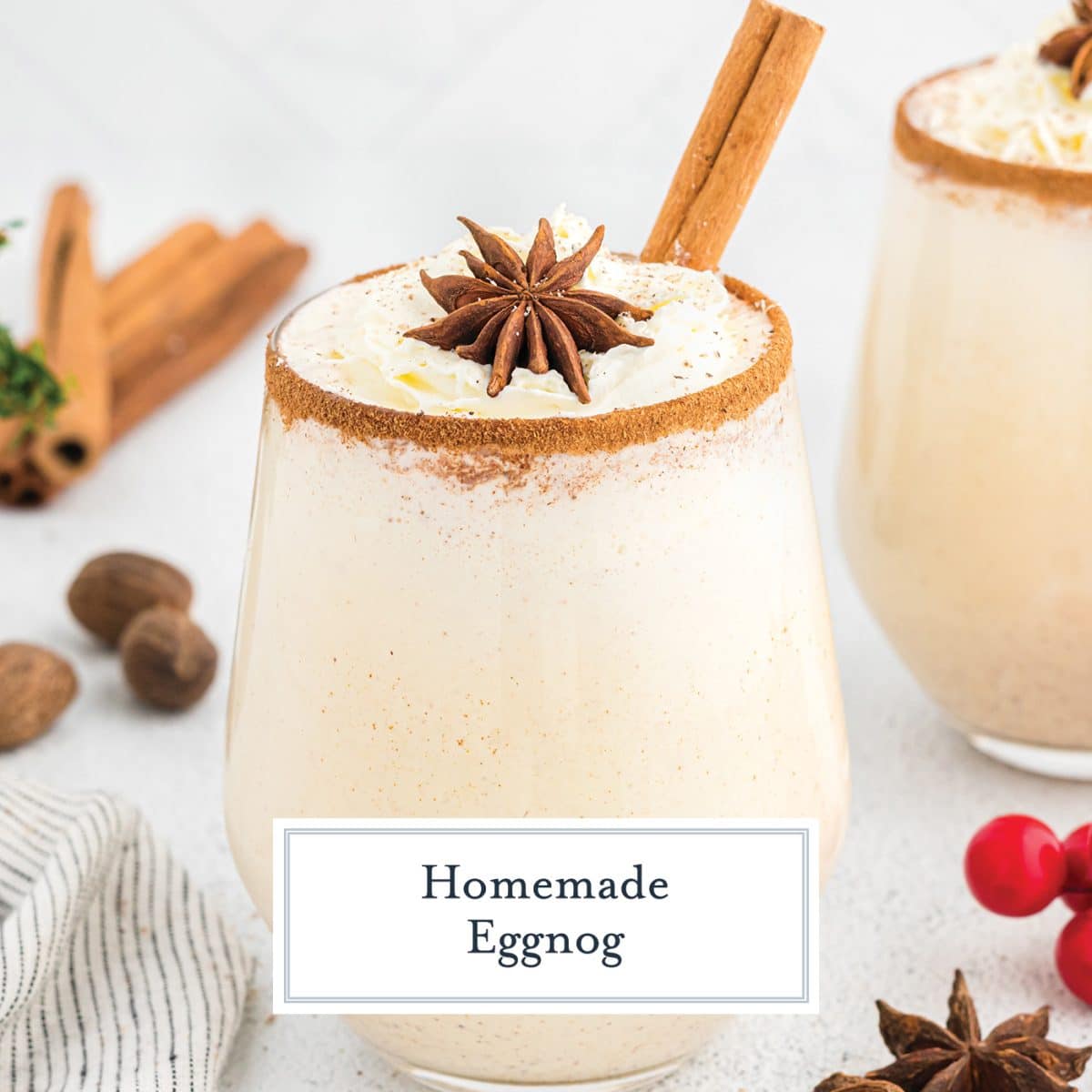 straight on shot of eggnog with text overlay for facebook