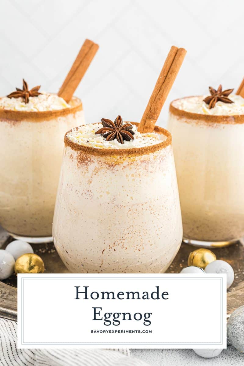 three glasses of homemade eggnog with text overlay for pinterest