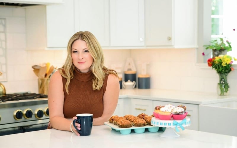 jessica formicola at a counter with coffee