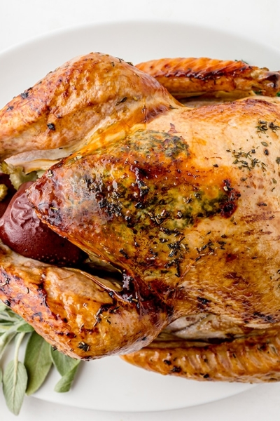 overhead shot of roasted turkey on a platter