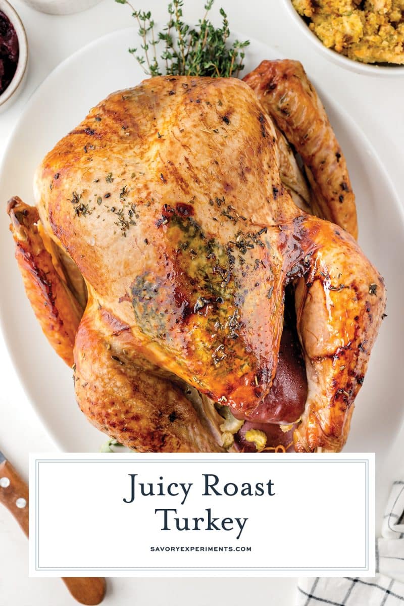overhead shot of juicy roast turkey with text overlay for pinterest
